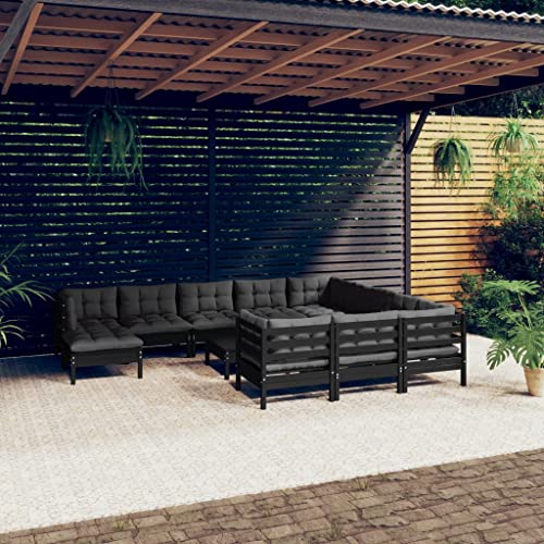 WHOPBXGAD terrassenmöbel,balkonmöbel Kleiner Balkon,Tisch klappbar,12-TLG. Garten-Lounge-Set mit Kissen Schwarz Kiefernholzterassenmöbel außen,balkonmöbel Set,glasplatte Tisch,