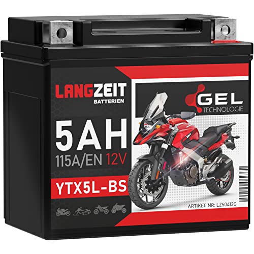LANGZEIT YTX5L-BS GEL Roller Batterie 12V 5Ah 115A/EN GEL Batterie 12V Motorradbatterie doppelte Lebensdauer entspricht YTX5L-4 50412 CTX4L-4 YT5L-BS ersetzt 4Ah vorgeladen auslaufsicher wartungsfrei