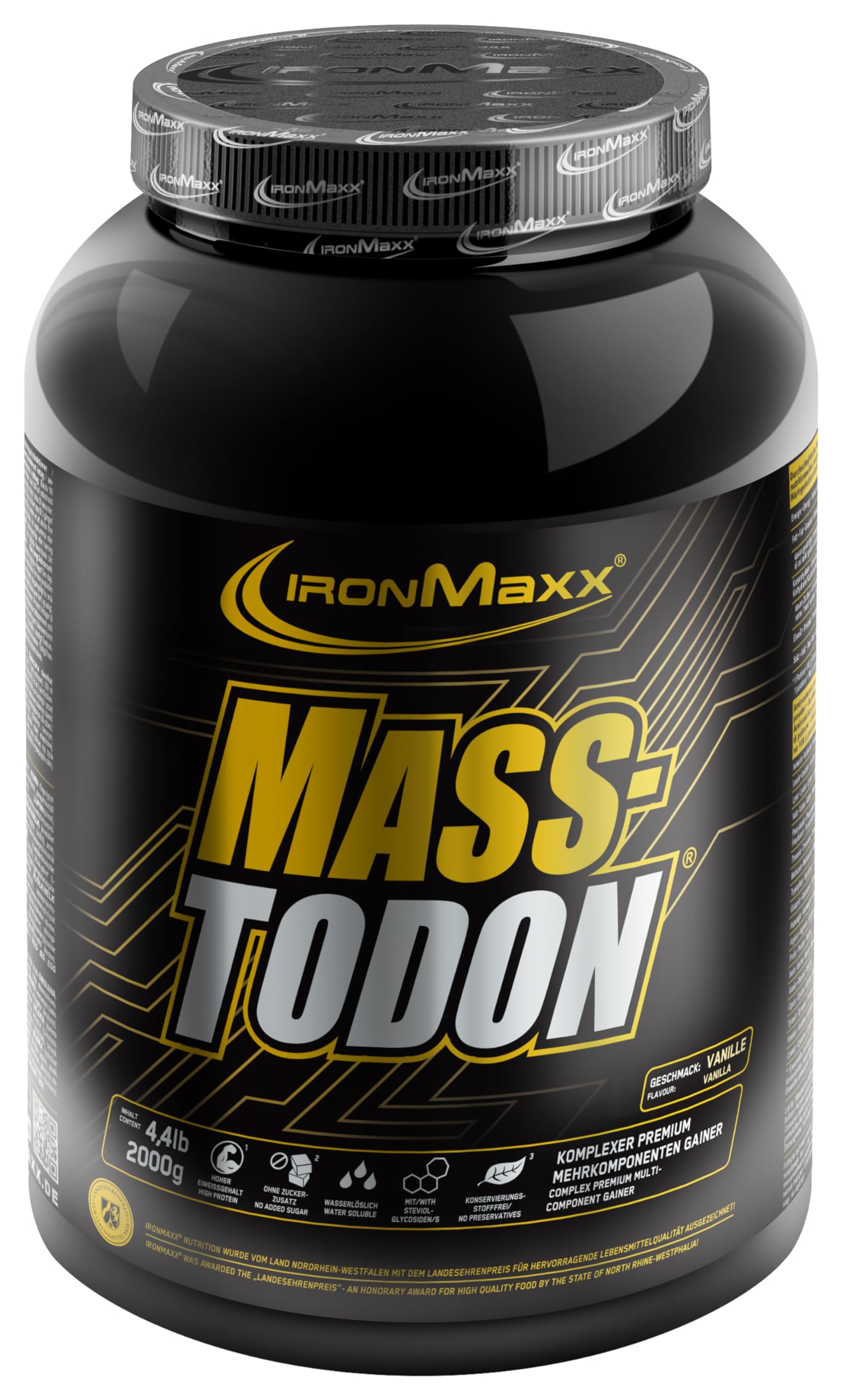IronMaxx Masstodon - Vanille 2kg Dose, Komplexer Premium mehrkomponenten Gainer, Low Sugar & ohne Konservierungsstoffe