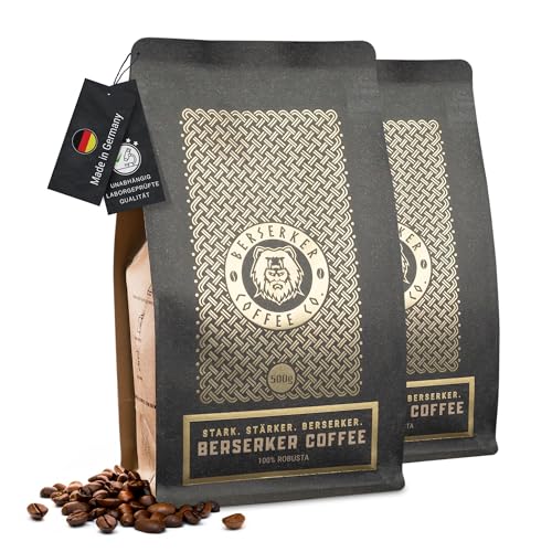 BERSERKER COFFEE Geröstete Kaffeebohnen extra stark mit 237 mg Koffein auf 100 ml - 100% Robusta Kaffee säurearm ganze Bohnen ohne Zusätze - Espressobohnen für Kaffeevollautomat 2 x 500g