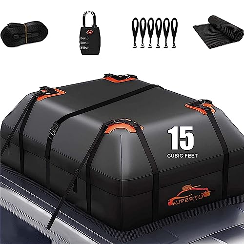 AUPERTO Reißfeste Dachbox Auto,425 Liter Wasserdicht Dachtasche Auto mit/ohne Reling, passend für alle Fahrzeuge mit/ohne Gepäckträger, inklusive Antirutschmatte + 10 Verstärkungsgurte + 6 Türhaken