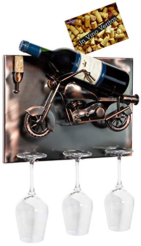 BRUBAKER Weinflaschenhalter Motorrad - Wall Art Bild Metall - mit 3 Glashaltern - inklusive Grußkarte für Weingeschenk