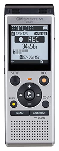 OM SYSTEM WS-882 hochwertiger digitaler Voice Recorder mit Stereomikrofonen, 6 Aufnahmemodi, Direkt-USB, eingebautem Ständer, 4 GB interner Speicher, Silber