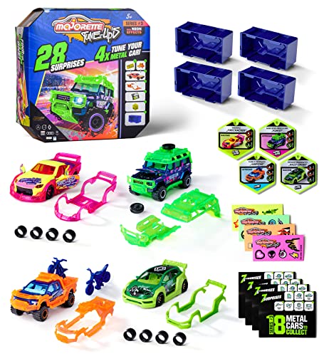 Majorette - Tune Ups Series 3 - extra große Tuning-Box mit 28 Überraschungen inkl. 4 Spielzeugautos mit Neon-Effekt zum Tunen, für Kinder ab 5 Jahren, je 7,5 cm, zufällige Auswahl