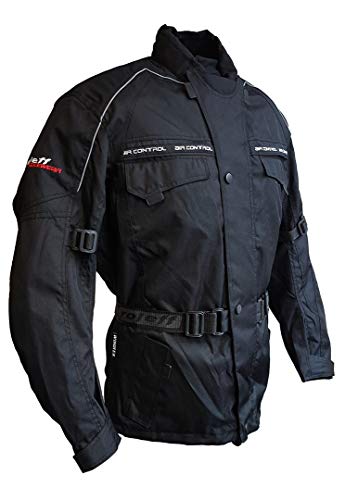 Roleff Racewear Schwarze Motorradjacke mit Protektoren, Thermofutter, Klimamembrane und Belüftungssystem für Sommer und Winter, Schwarz, Größe 5XL