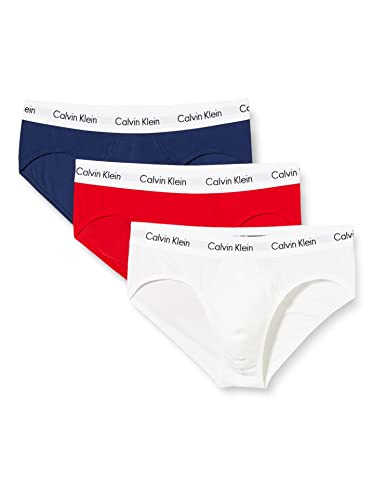 Calvin Klein underwear, Herren Casual Slip 3er Pack HIP BRIEF,Mehrfarbig (WHITE/RED GINGER/PYRO BLUE I03), Small