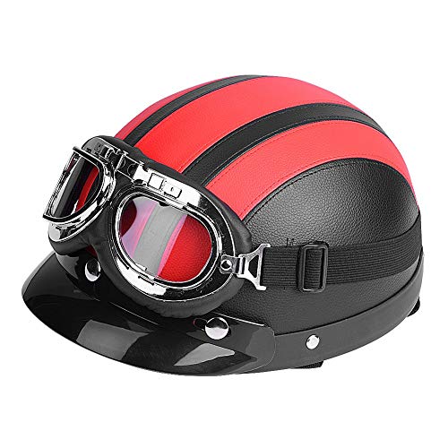 Zerone Roller-Helm,Universal-Motorrad-Roller aus Kunstleder mit offenem Gesicht, halber Helm und Visier UV-Brille (Rot)