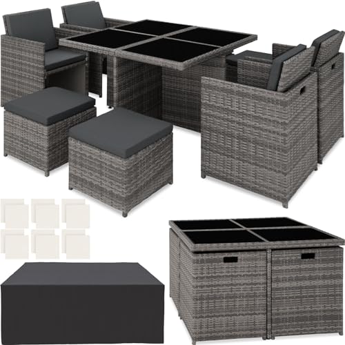 TecTake 800857 Poly Rattan Aluminium 4+1+4 Sitzgruppe Cube 4 Stühle 1 Tisch 4 Hocker + Schutzhülle & Edelstahlschrauben, als Würfel verstaubar (Grau | Nr. 403846)