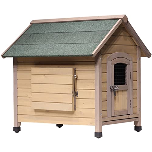 Outdoor-Hundehütte im Hüttenstil, erhöhte Haustierhütte aus Holz mit Asphaltdach, Vordertür, Seitenfenster, Veranda für mittelgroße/große Hunde (Farbe: Braun, Größe: Klein)