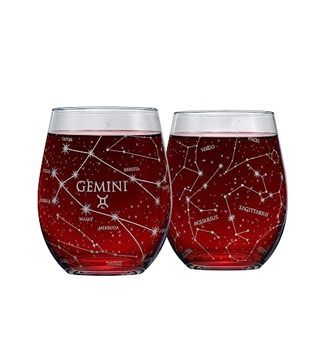 Greenline Goods Gemini Stemless Weingläser | Zodiac Gemini Set | Handgeätzte 15 Unzen (2er-Set) - Astrologie Zeichen Glaswaren