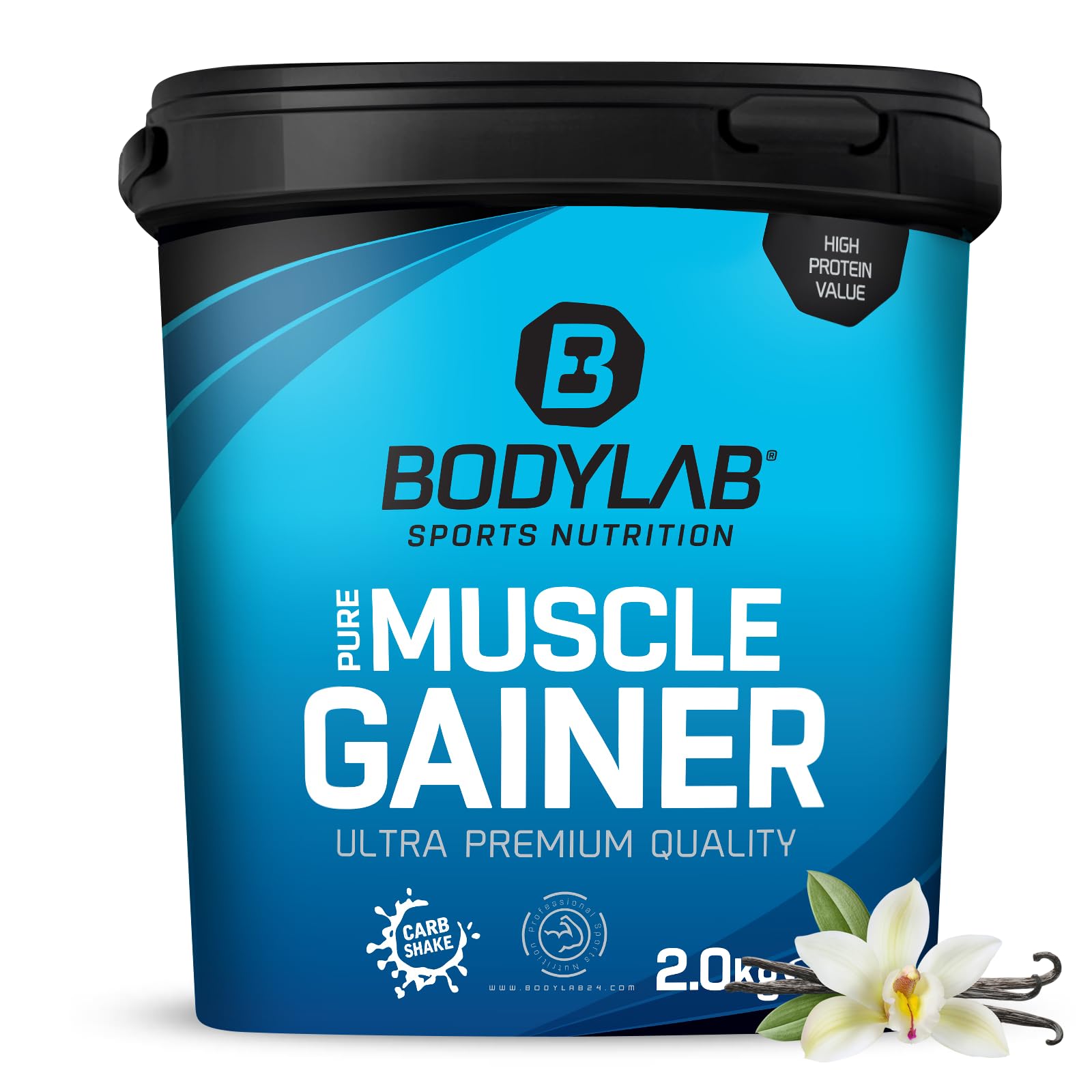 Bodylab24 Pure Muscle Gainer Vanille 2000g, je 100g 33g natürliche Kohlenhydrate, 40g Protein und 12g Fett, angereichert mit Kreatinmonohydrat, perfekter Weight Gainer Shake für den Masseaufbau