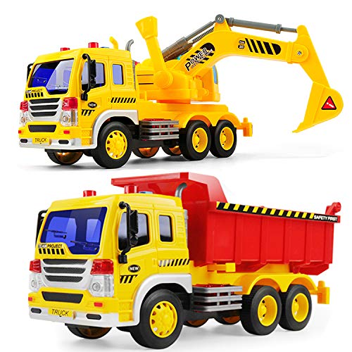 GizmoVine Bagger Spielzeug, 2 Stück Kinderspielzeug Bagger Baufahrzeuge Kinder mit Lichtern und Geräuschen, Fahrzeuge LKW Sandspielzeug für Kinder Jungen Mädchen 2 3 4 Jahren