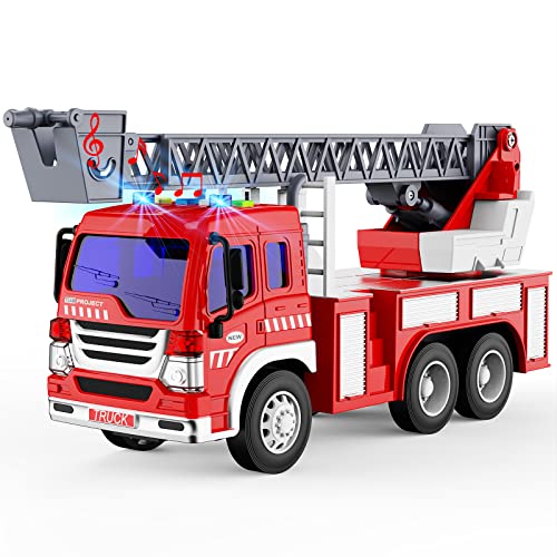 GizmoVine Feuerwehrauto, Reibungskraft Spielzeug Auto, Feuerwehr Spielzeug, mit Leiter, Licht & Sound, Baufahrzeug für Jungen Mädchen 4, 3, 2 Jahre