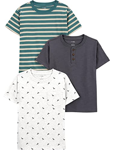 Simple Joys by Carter's Jungen Kurzärmlige Hemden, 3er-Pack, Grau Meliert/Grün/Streifen, 7 Jahre
