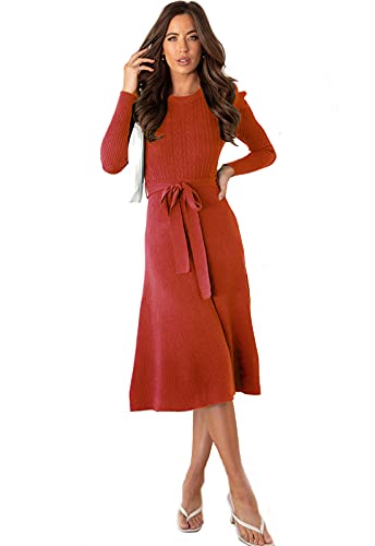 Damen Pullover Kleider Elegant Strickkleid Rundhals Frühling Winter Langarm Tunika Slim Sweater Kleid mit Gürtel, rot, Small