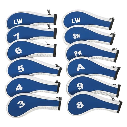 12 Stück Golfschläger-Abdeckungen, Golf-Eisenkopfhüllen mit aufgedruckter Nummer, for Eisenschläger, leicht, langlebig, tragbar, passend for alle Eisenschläger (Color : Blue White)