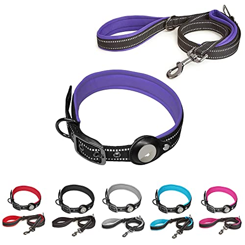 SaiDeng Reflektierendes Hundehalsband-Leinen-Set mit Sicherheitsschnalle, verstellbares, weiches Neopren, verdickte Gürtelschnalle, Haustierpositionierungshalsband für kleine und mittelgroße Hunde, lila L