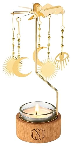 moses. Omm for You Teelicht-Karussell Cosmic, Kerzenhalter aus Holz mit Teelichtglas, mit funkelnden Goldanhängern, in Einer Geschenkbox