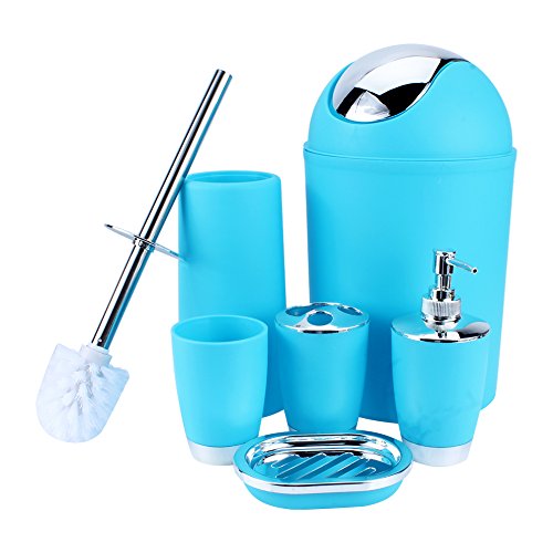 Estink Badezimmer- und Toiletten-Set, 6tlg Badset Badezimmer ZUBEHÖR Set, mit Tasse Zahnbürstenhalter Suppenhalter Händedesinfektionsflasche Mülleimer Toilettenbürste (Himmelblau)