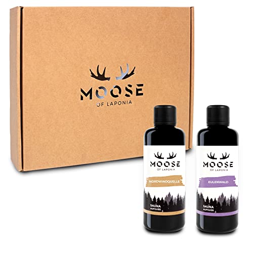Moose of Laponia – Saunaduft-Konzentrat - Set mit 2 Flaschen je 100 ml, Düfte"Nordwindquelle" und"Eulenwald" - veredelte Premium-Saunaaufgüsse made in Germany