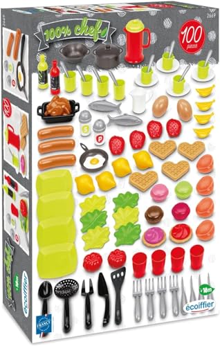 Ecoiffier - Packung mit Spielzeugfutter und Geschirrset 100 % Chef, 100 Stück, geeignet ab 18 Monaten (760002669)