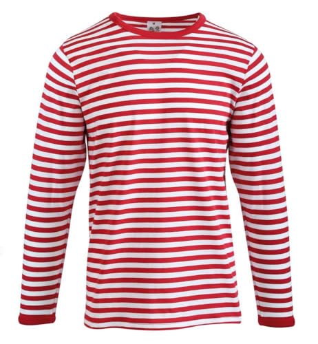 Ringelpulli aus Baumwolle | Langarm Ringelshirt für Fasching & Karneval | Marine Ringel-Shirt Unisex Erwachsene (rot-weiß, L)