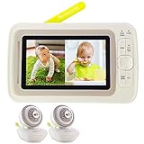 Video Baby Monitor 2 Cameras, Split Screen by Moonybaby, Pan Tilt Camera, 170 Degree Wide View Lens Included, 4.3 inches Large Monitor, Night Vision, Temperature, 2 Way Talk Back, Long Range