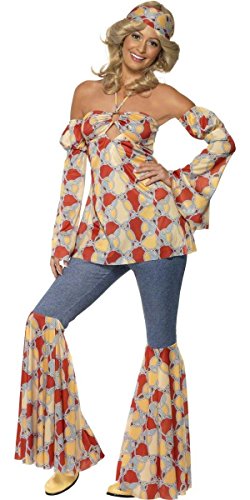 Smiffys, Damen 70er Jahre Vintage Hippie Kostüm, Neckholder-Top, Ärmel, Schlaghose und Stirnband, Größe: L, 39434