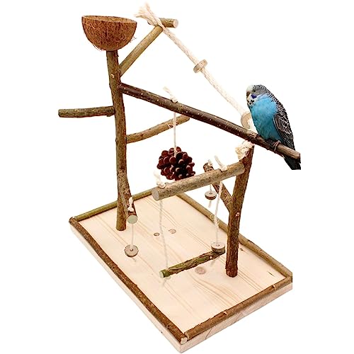 Vogelgaleria Vogelspielplatz aus Natur Holz mit Abnehmbarer Futterschale | Ideales Spielzeug bei Freiflug für Wellensittich Nymphensittich | Vogelspielzeug