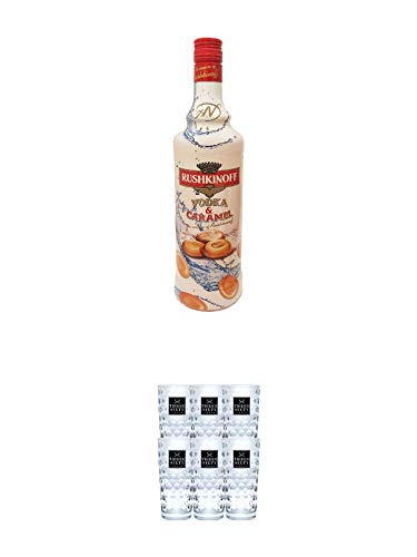 Rushkinoff Vodka & Caramel 1,0 Liter + Three Sixty Vodka Gläser 6er Karton