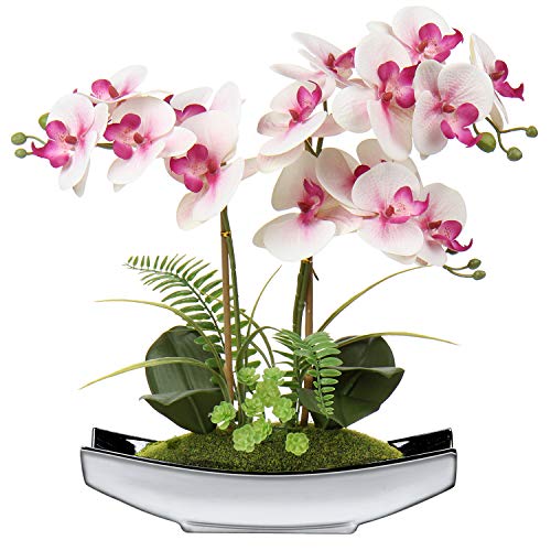 Künstliche Blumen Phalaenopsis Kunstorchidee Bonsai Gefälschte Blumen Seide Orchidee Blumenarrangement mit Silber Keramik Topf für Tischdekoration Wohnzimmer Wohnkultur 38CM