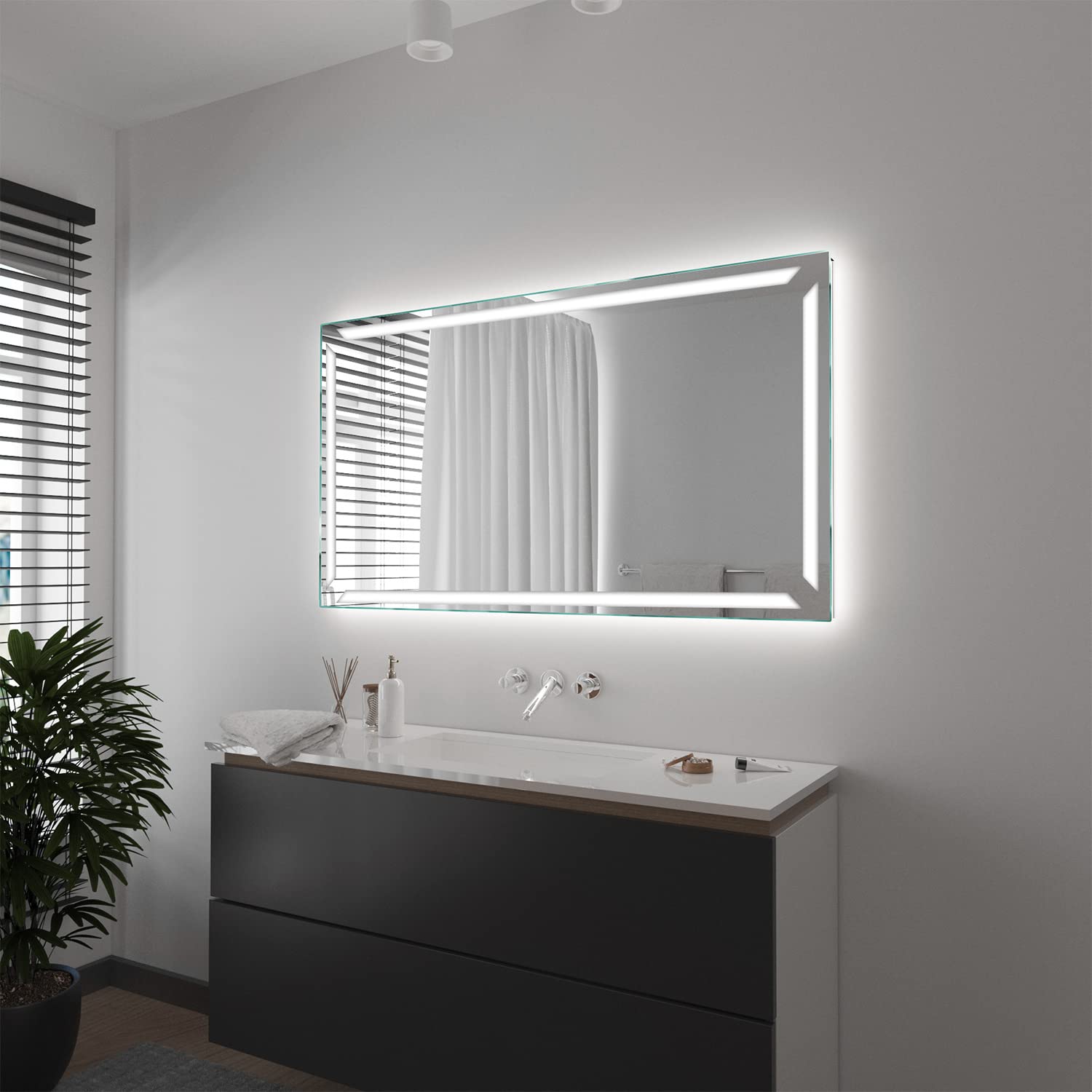 SARAR LED Wandspiegel mit rundum Beleuchtung 150x100 cm Made in Germany Pesaro Eckiger Badspiegel Spiegel mit Beleuchtung Badezimmerspiegel