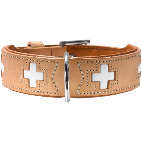 HUNTER Swiss Halsband für Hunde, Leder, hochwertig, schweizer Kreuz, 37, natur/beige