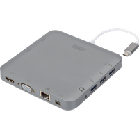 DIGITUS Multiport Docking-Station - USB-C Dock 11 Ports - HDMI mDP VGA, RJ45, 3x USB 3.0 - Ladeport, Cardreader - Grau