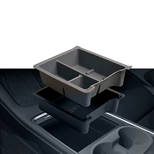 Jowua 2021 Tesla Model 3 Modell Y Mittelkonsole Tablett Organizer Zubehör aus waschbarem Silikon mit Modell 3 Modell Y Refresh Konsole (3 Fächer, grau)