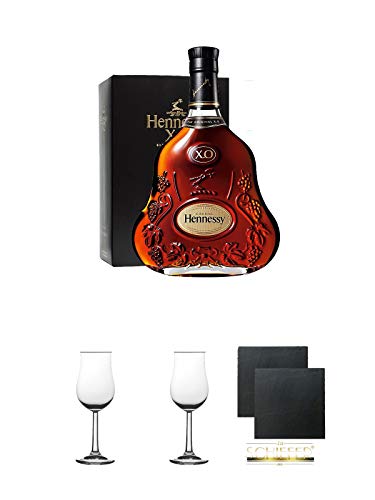 Hennessy XO Cognac Frankreich 0,35 Liter + Nosing Gläser Kelchglas Bugatti mit Eichstrich 2cl und 4cl 1 Stück + Nosing Gläser Kelchglas Bugatti mit Eichstrich 2cl und 4cl 1 Stück + Schiefer Glasuntersetzer eckig ca. 9,5 cm Ø 2 Stück