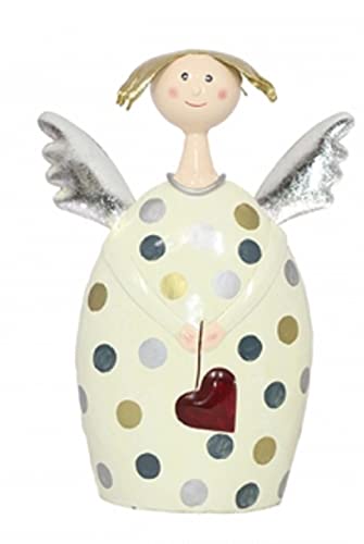 dekorativer Engel Lotta mit weinrotem Herzchen und silbernen Flügeln Metall handbemalt (Creme-Silber groß)