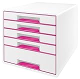 Leitz CUBE Schubladenbox mit 5 Schubladen, Weiß/Pink, A4, Inkl. transparentem Schubladeneinsatz, WOW, 52142023