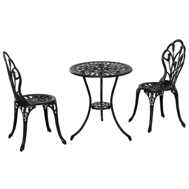 Outsunny Sitzgruppe 3-teilige Essgruppe Gartenmöbel-Set 1 Tisch+2 Stühle mit Schirmloch Terrasse Aluminium Schwarz Ø60 x 67H cm