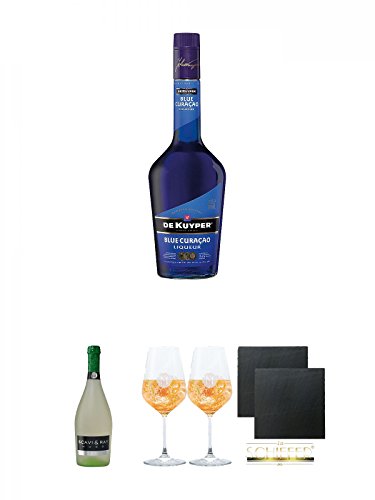 De Kuyper Blue Curacao Likör 0,7 Liter + Scavi & Ray Hugo Schaumwein 0,75 Liter + Miamee Goldwasser Cocktail Gläser mit 5cl Eichstrich 2 Stück + Schiefer Glasuntersetzer eckig ca. 9,5 cm Ø 2 Stück