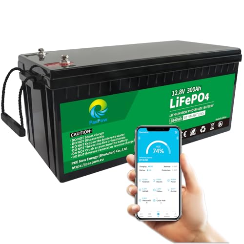 PacPow Lifepo4 Autobatterie Smart 12V 300Ah Lithium Batterie, Built-in 200A BMS, 5000+ Zyklen, Maximal 350 Ampere, Perfekt für Wohnmobile, Solar, Marine, Overland, Off-Grid usw.