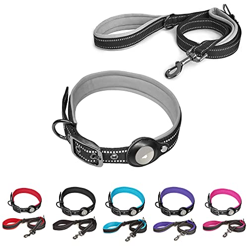 SaiDeng Reflektierendes Hundehalsband Leine Set mit Sicherheitsschnalle, verstellbare weiche Neopren verdickte Gürtelschnalle Haustier Positionierungshalsband für kleine und mittelgroße Hunde grau L