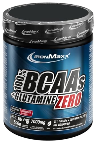 IronMaxx 100% BCAAs + Glutamine Zero - Himbeere 500g | veganes & zuckerfreies Aminosäuren Pulver mit Vitamin B6 | 6000 mg BCAA´s und 1000 mg Glutamin pro Portion