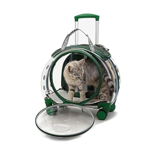 Haustier-Rucksackträger mit Rollen, Transparente Katzenrucksackträger für kleine Hunde Mittlere Katzen mit einem Gewicht von bis zu 9 kg, mit Baumwollmatte (Size : Green)