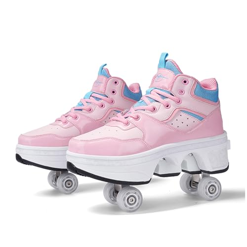 Roller Skates Schuhe mit Rädern Verstellbarer Quad -Kick -Rollschuhe für Frauen 2 in 1 Inline Skates Deformation Trainer für Kindergeschenk Pink-38EU