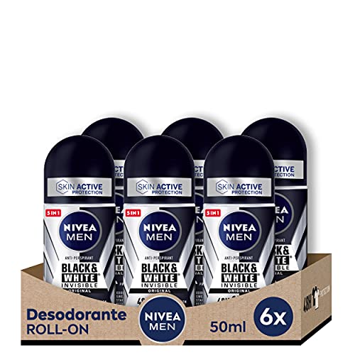 NIVEA Men Black & White Invisible Original Roll-on 6er Pack (6 x 50 ml), Deodorant für Männerpflege, unsichtbares Deodorant zum Schutz von Haut und Kleidung
