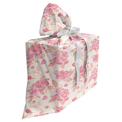 ABAKUHAUS Frühling Baby Shower Geschänksverpackung aus Stoff, Pinkish Aquarell Blumen, 3x Bändern Wiederbenutzbar, 70 x 80 cm, Rosa Pfirsich und Creme