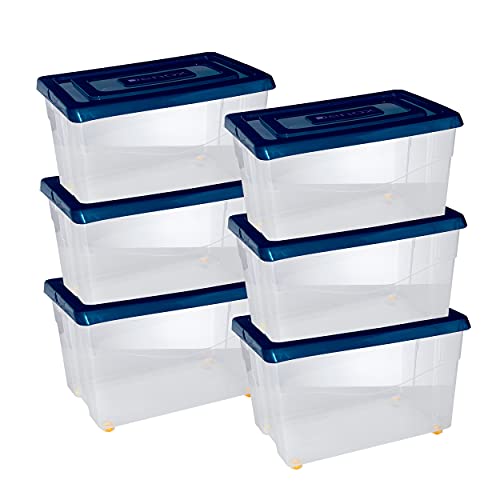 Denox 20140.415 Aufbewahrungsboxen mit Rollen, 60 l, Blau, 6 Stück