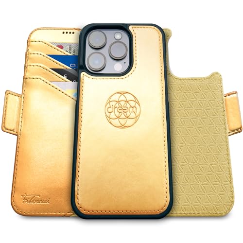 Dreem Fibonacci iPhone 15 Pro Max Geldbörsen-Hülle / 2-in-1 Stoßfestes MagSafe Case und abnehmbares Luxus-Vegan-Leder-Folio mit RFID-Kartenschutz und Ständer; für Frauen und Männer - Gold