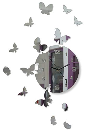 FLEXISTYLE Große Moderne Wanduhr Schmetterling rund 30cm, 15 Schmetterlinge, Wohnzimmer, Schlafzimmer, Kinderzimmer, Produkt in der EU hergestellt (Spiegel)